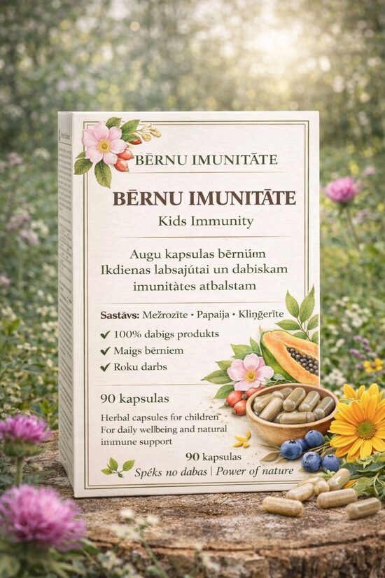 BĒRNU IMUNITĀTEI 100% DABĪGS MEŽROZĪTES, PAPAIJA UN KLINĢERĪTE AUGU MAISĪJUMS 90 4 IZMĒRA KAPSULAS